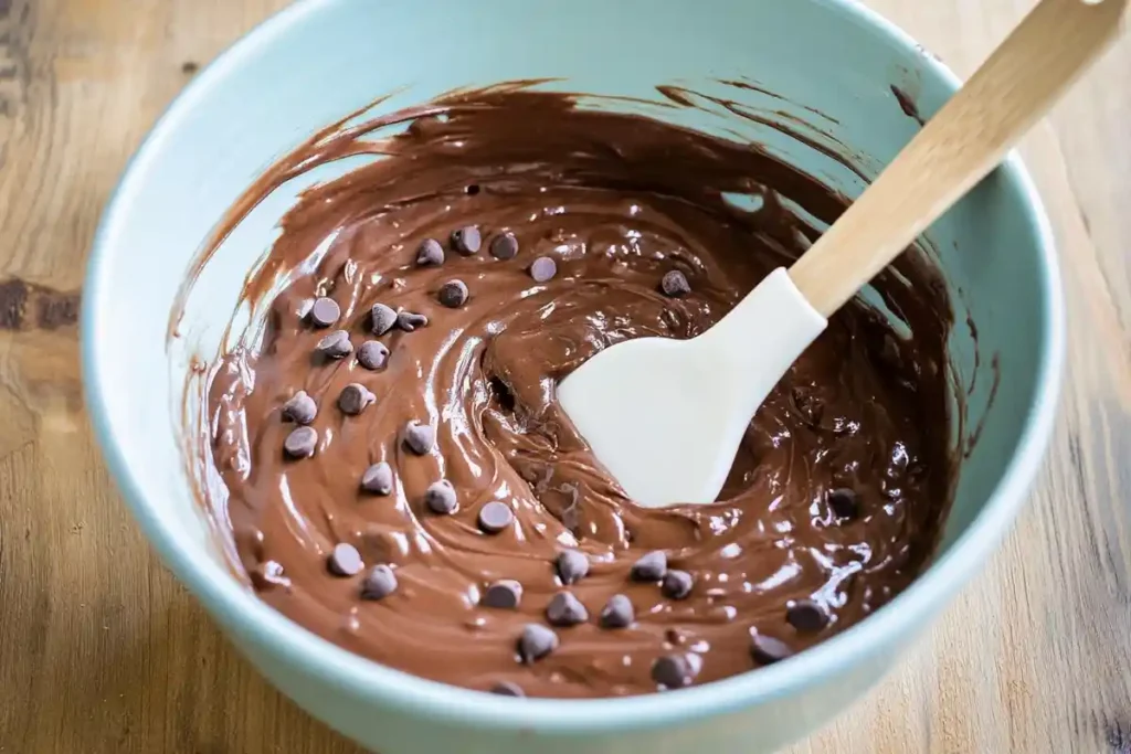 A blue mixing bowl filled with creamy chocolate brownie batter topped with chocolate chips, with a spatula ready to fold.
