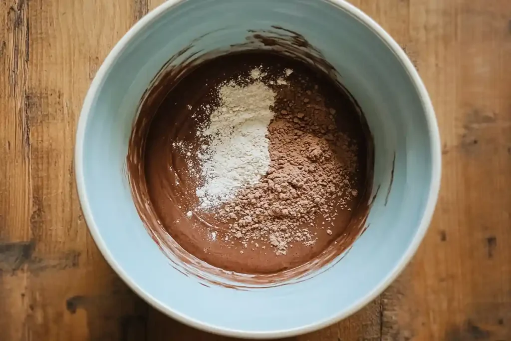 A blue mixing bowl containing chocolate batter with flour and cocoa powder on top, ready to be combined
