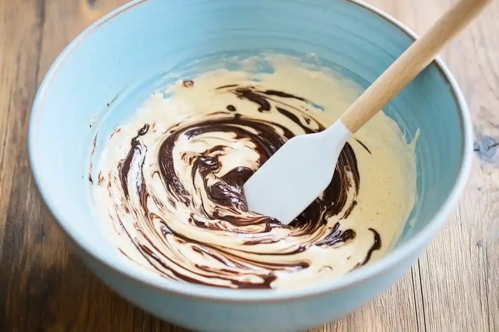 A blue bowl with a spatula folding melted chocolate into brownie batter, creating swirls of rich chocolate