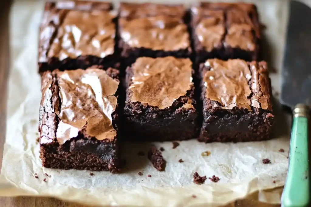 Close-up of rich, fudgy Sourdough Brownies recipe sliced and ready to serve, with a shiny top and gooey interior