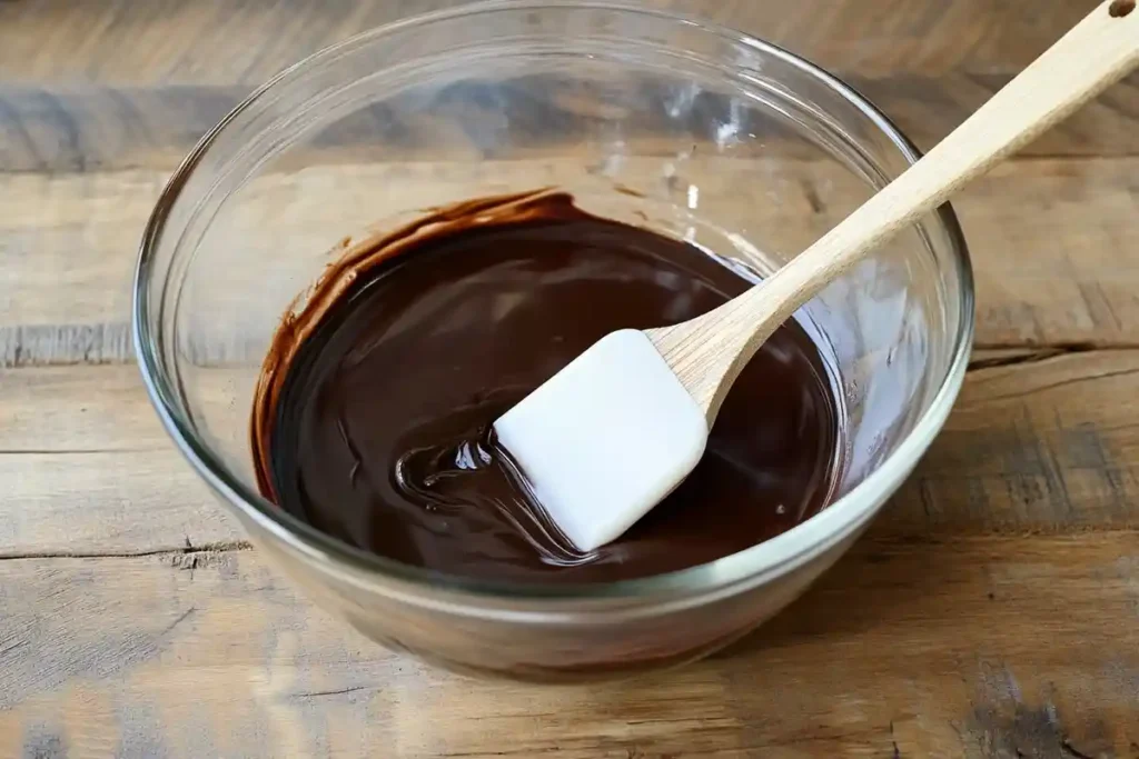 A glass bowl with silky melted chocolate, stirred smooth with a spatula, ready to be added to the brownie batter