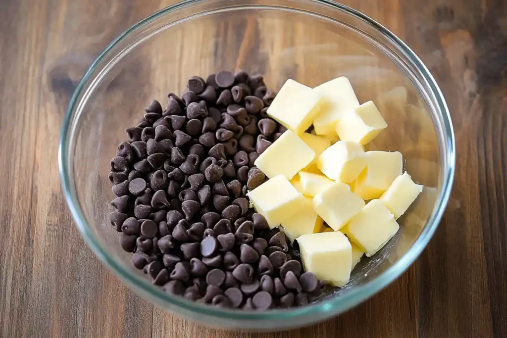 A glass bowl containing chocolate chips and cubed butter, ready to be melted for sourdough brownies