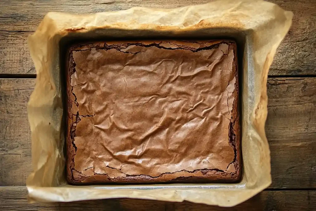 Freshly baked sourdough brownies with a shiny, crackly top in a parchment-lined baking pan.