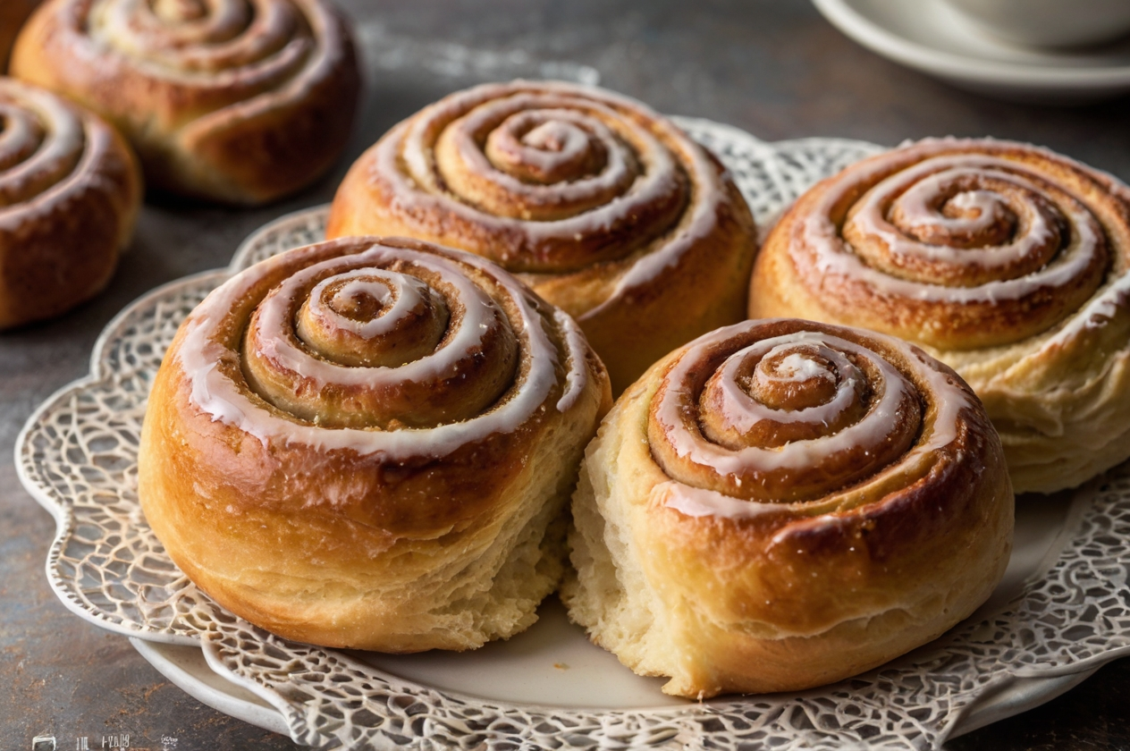 Golden-brown cinnamon sourdough rolls with a sweet glaze, served on a delicate lace-patterned plate. The soft texture and perfectly swirled cinnamon filling make them a delicious homemade treat.