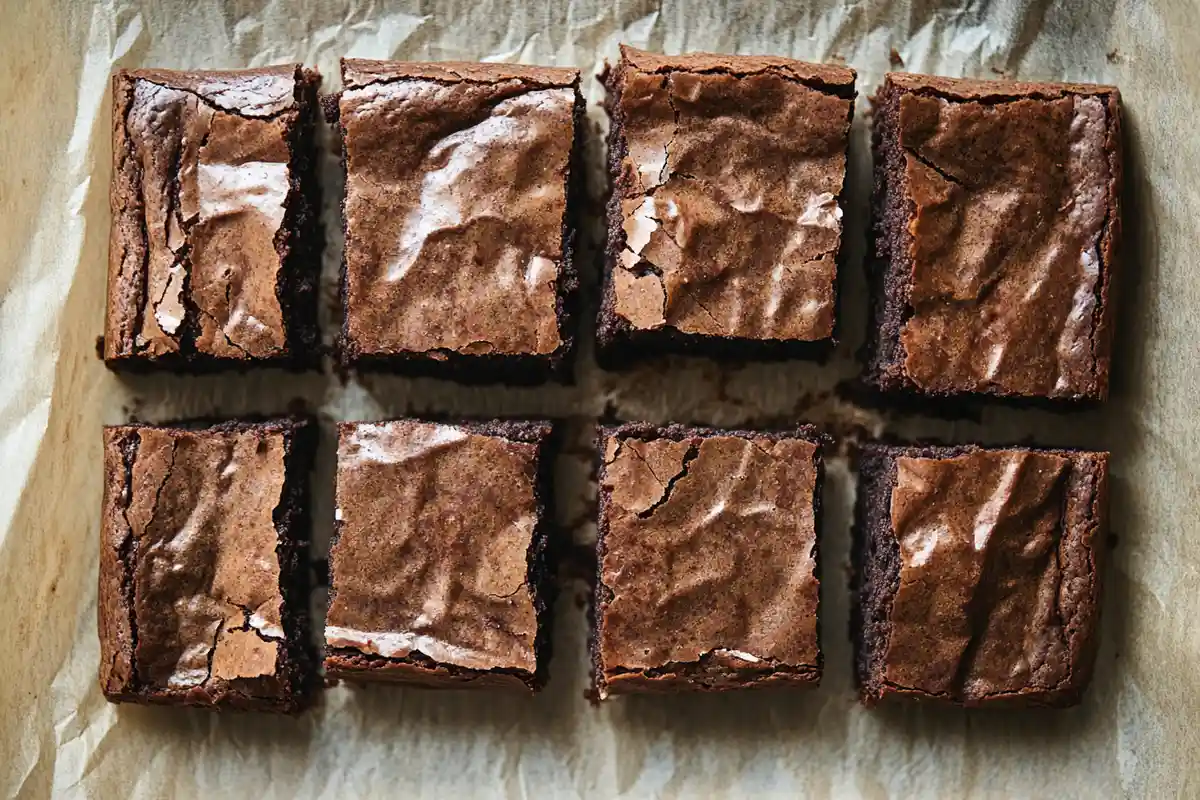 Eight perfectly sliced sourdough brownies with shiny, crackly tops arranged on parchment pape