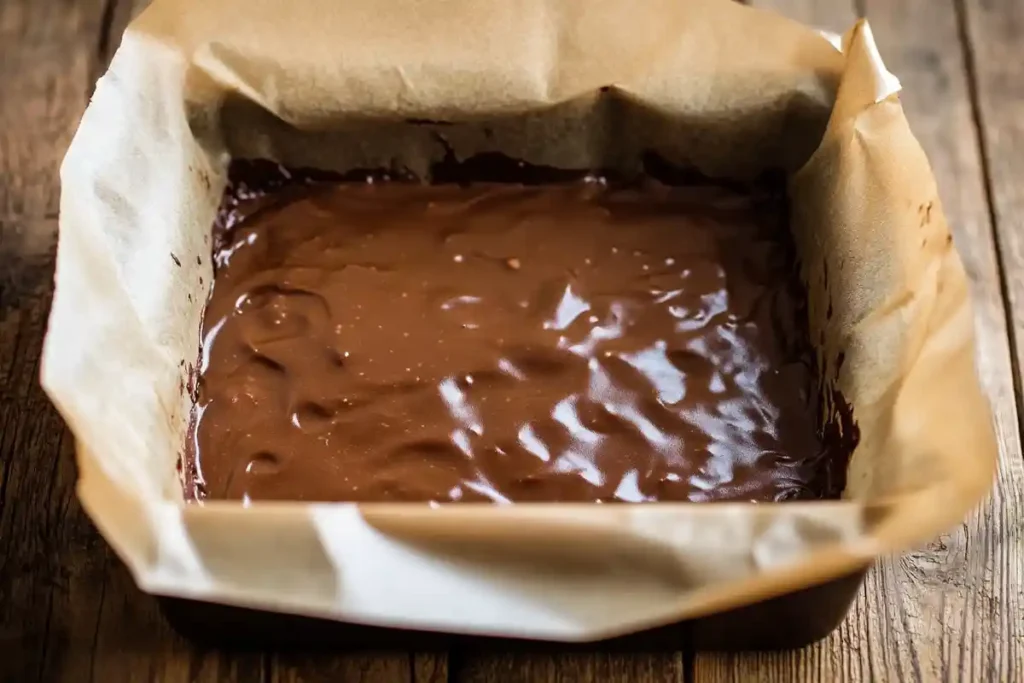 Rich and glossy sourdough brownie batter spread evenly in a parchment-lined pan, ready for the oven