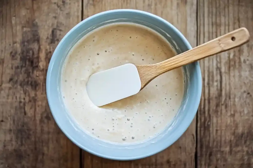 A blue mixing bowl with a creamy batter and sourdough starter combined using a wooden spatula