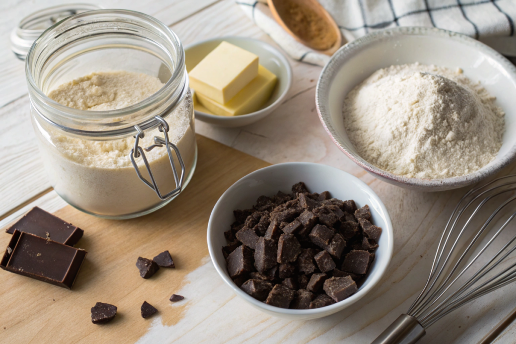 A flat-lay display of baking ingredients for Sourdough Chocolate Cookies. A glass jar of flour, a small bowl of butter, another bowl filled with rich chocolate chunks, and a mound of flour in a ceramic dish are neatly arranged on a light wooden surface. A whisk and a wooden spoon sit nearby, creating a cozy and inviting preparation scene perfect for baking enthusiasts.