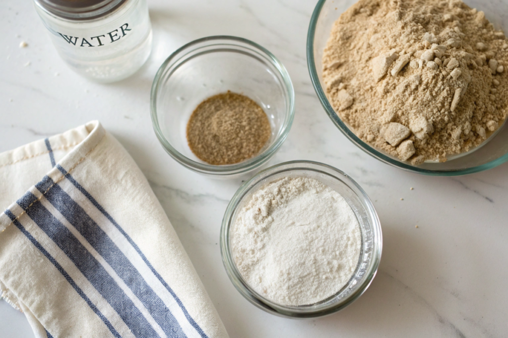 How to Make Sourdough Starter: Flat lay of sourdough starter ingredients, including a jar of water, a bowl of whole grain flour, a bowl of white flour, and a small bowl of seeds, arranged on a white marble surface with a striped kitchen towel

