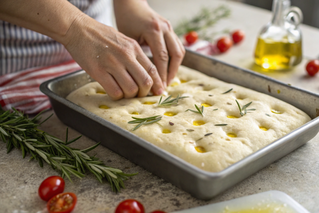 A close-up of hands pressing fresh rosemary sprigs and olive oil into soft Sourdough discard focaccia bread dough inside a baking pan. Surrounding the pan are vibrant cherry tomatoes, additional rosemary sprigs, and a bottle of olive oil, creating a rustic and inviting preparation scene. The setting highlights the homemade care and attention to detail in this delicious bread-making process.






