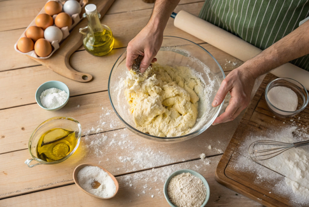 A top-down view of a baker's hands mixing dough in a glass bowl on a wooden table. Surrounding the bowl are ingredients like eggs, olive oil, flour, and salt, along with baking tools such as a rolling pin and whisk. The scene exudes a rustic charm with flour sprinkled across the table, capturing the essence of homemade baking in progress.






