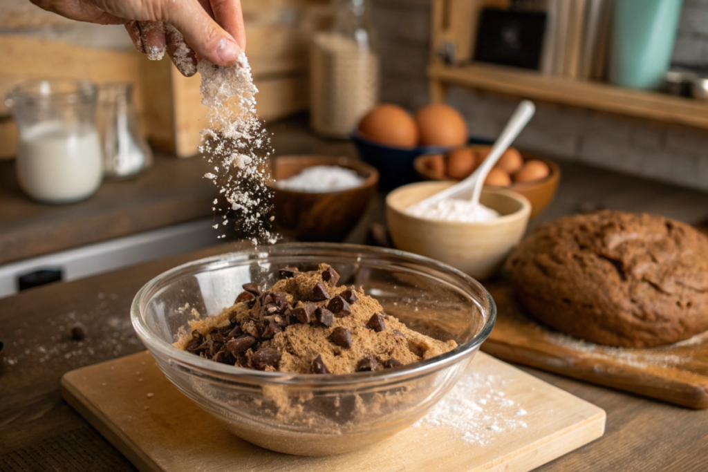 A close-up of a glass bowl filled with chocolate chip cookie dough, featuring rich brown sugar and chocolate chunks. A hand sprinkles flour into the bowl, creating a dynamic action shot. In the background, baking essentials like eggs, milk, and a loaf of bread are softly blurred, adding a warm and rustic kitchen atmosphere. The scene captures the joy of baking at home.
