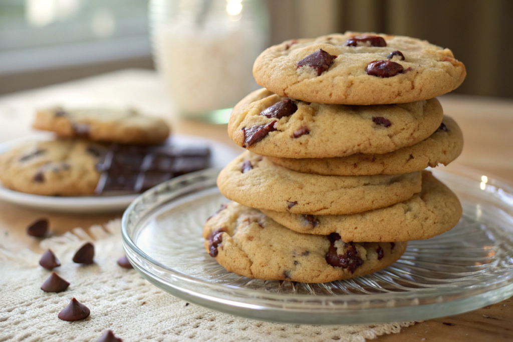 A stack of golden chocolate chunk cookies on a clear glass plate, surrounded by chocolate chips scattered on a textured tablecloth. In the background, a plate with additional cookies and a chocolate bar adds depth to the cozy, sunlit kitchen scene. The cookies look soft and chewy, with generous chocolate chunks visible throughout, inviting you to indulge.