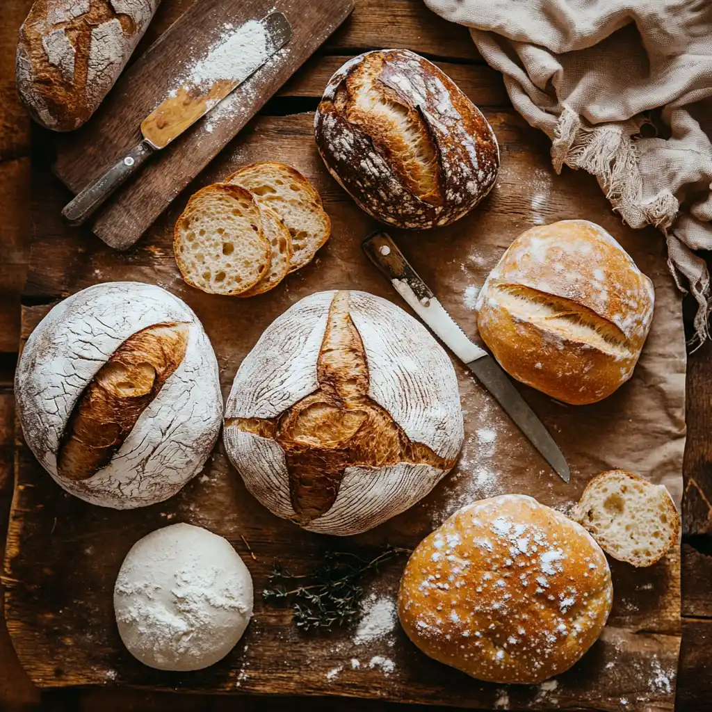 This image showcases an assortment of beautifully crafted artisan bread, including sourdough loaves with intricate scoring, a darker loaf with a rustic crust, and a round, flour-dusted bread. The setting includes a wooden surface with a knife, a cutting board, and scattered flour, creating a warm, rustic bakery aesthetic
