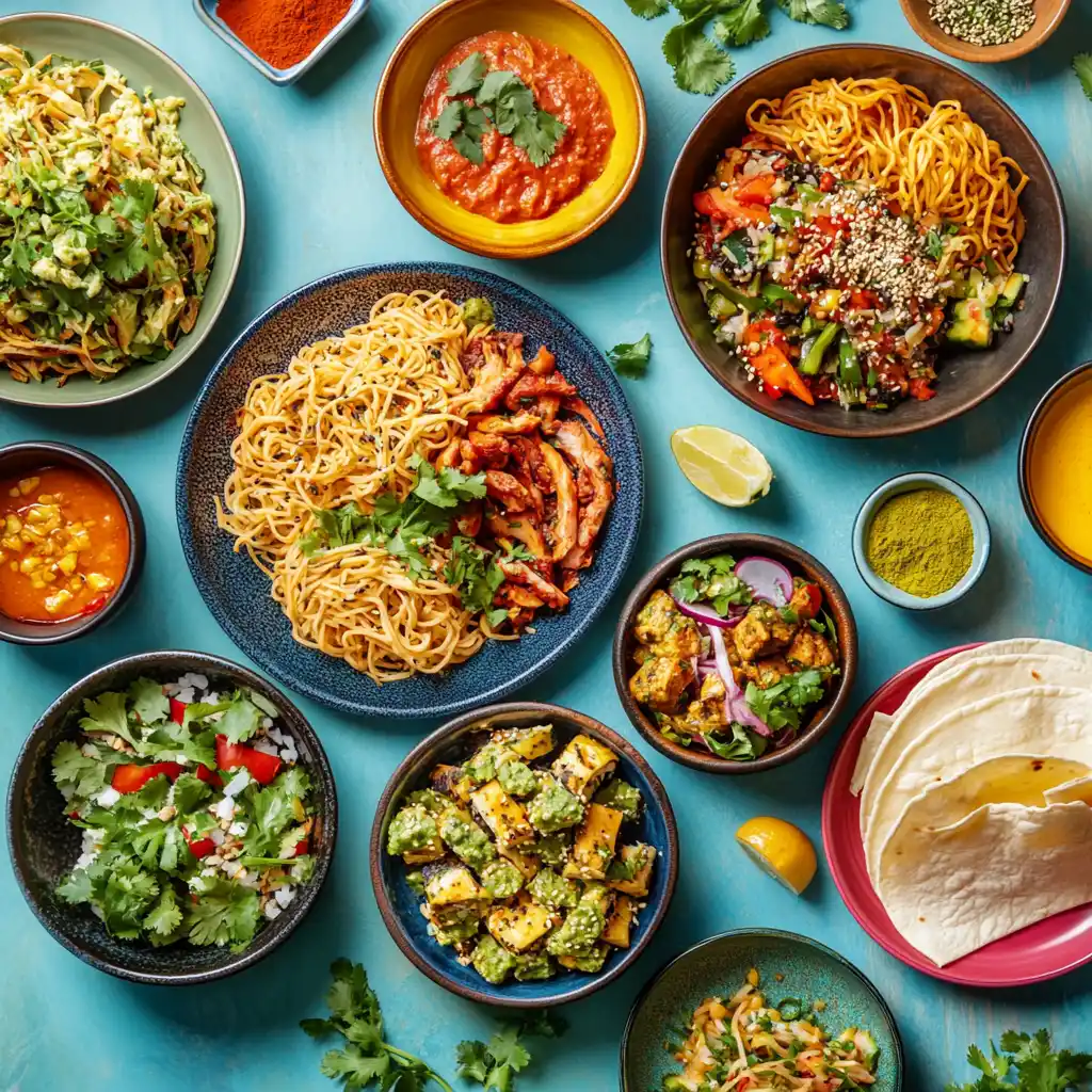 A vibrant flat lay of diverse dishes from around the world, including noodles, salads, curry, wraps, and colorful sauces on a bright turquoise background.
