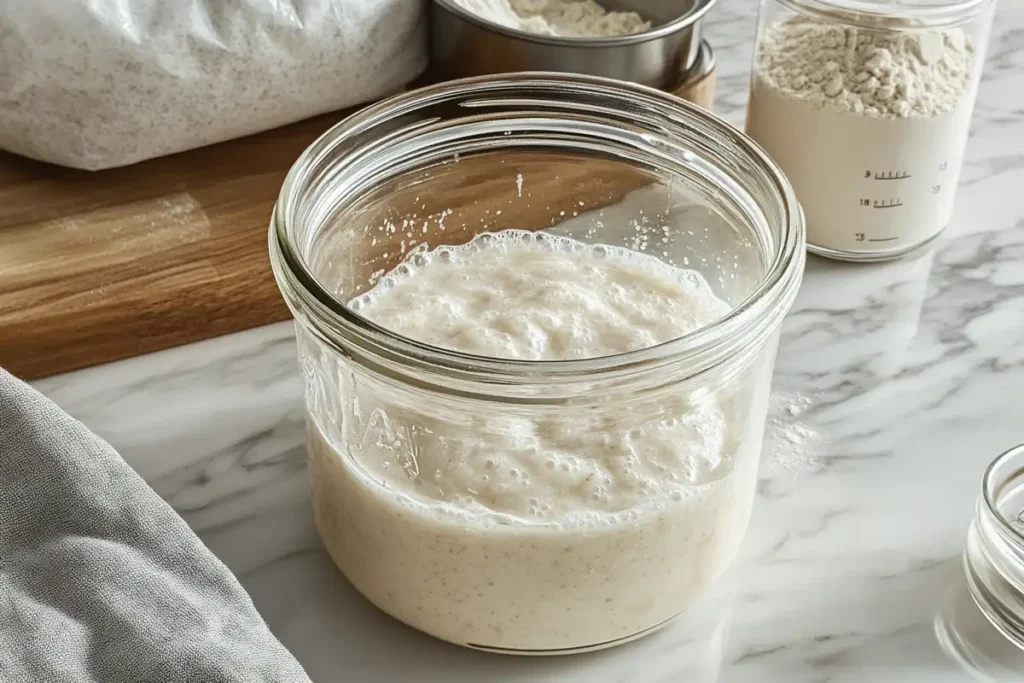 Bubbly sourdough starter in a glass jar surrounded by baking tools.