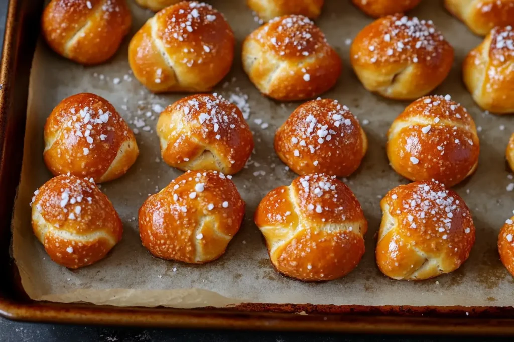 A parchment-lined baking sheet filled with perfectly baked golden brown pretzel bites sprinkled with coarse salt, fresh from the oven.