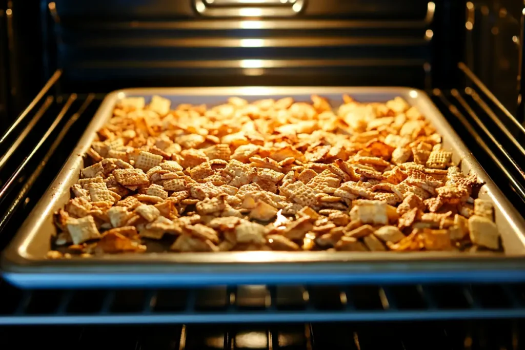 A baking sheet filled with golden, toasty Chex mix placed inside a warm oven, illuminated with a golden glow.