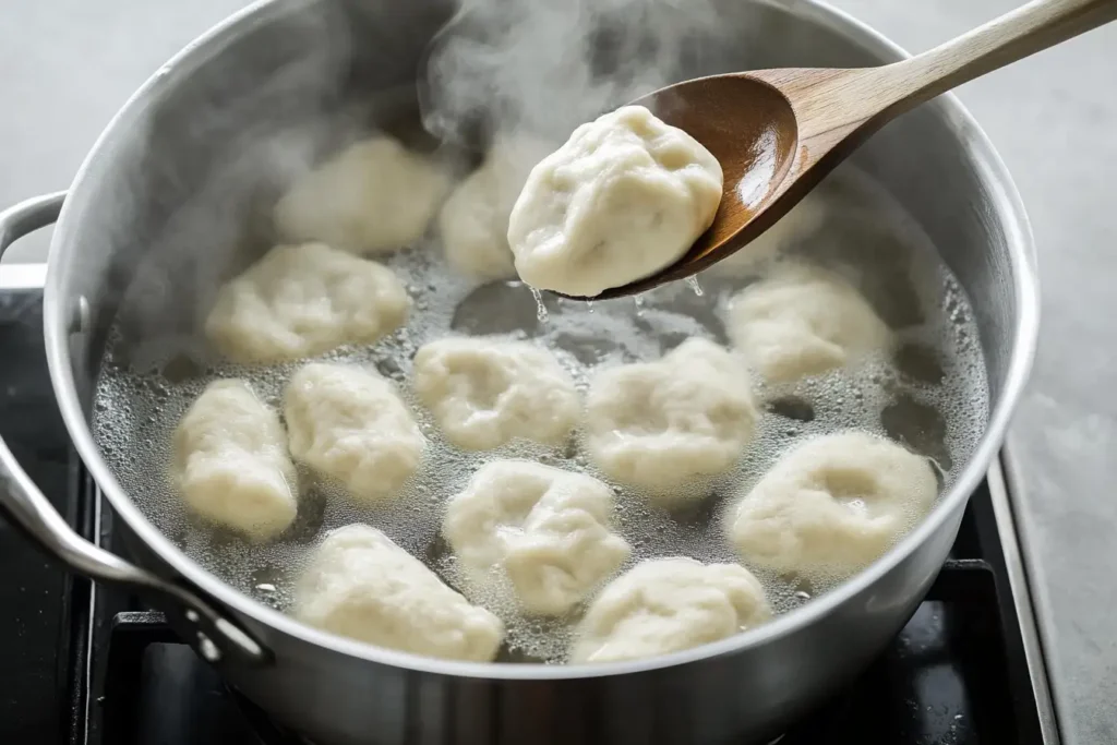 A stainless steel pot on a stove with dough pieces boiling in water, with a wooden spoon lifting one piece out, showing the cooking process.