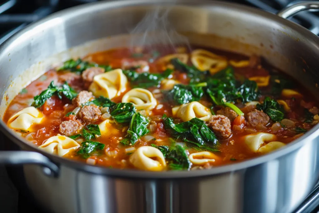 A bubbling pot of tortellini soup cooking on a stovetop, filled with sausage, spinach, and tortellini in a savory tomato broth.