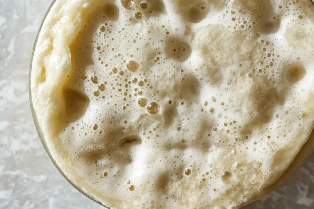A close-up view of bubbly sourdough discard, showcasing the frothy texture and fermentation activity with light golden hues.
