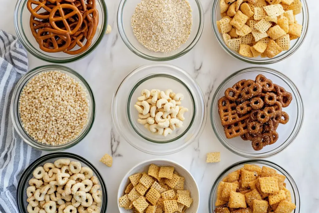 An overhead view of glass bowls arranged on a marble surface, containing Chex cereal, pretzels, cashews, and various crunchy ingredients for Chex Mix.