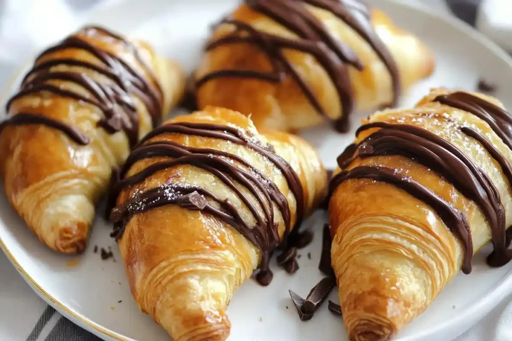 Four golden sourdough croissants drizzled with rich melted chocolate and sprinkled with powdered sugar on a white plate.