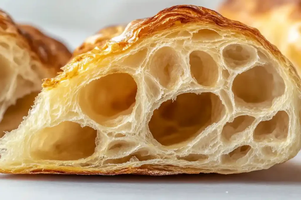 A detailed close-up of a sourdough croissant's interior, showing airy, honeycomb-like layers.