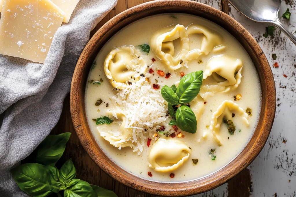 A close-up of a wide shallow white bowl filled with tortellini soup, garnished with fresh parsley and grated Parmesan cheese, served with slices of bread.