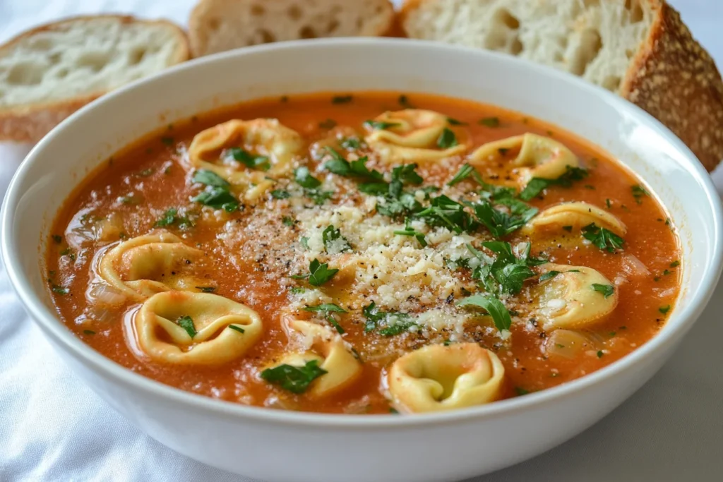 A close-up of a wide shallow white bowl filled with tortellini soup, garnished with fresh parsley and grated Parmesan cheese, served with slices of bread.