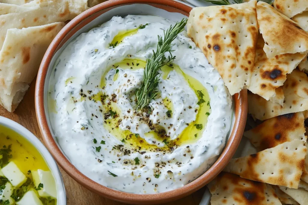 A bowl of tzatziki sauce drizzled with olive oil, topped with a sprig of rosemary, surrounded by pita bread pieces.