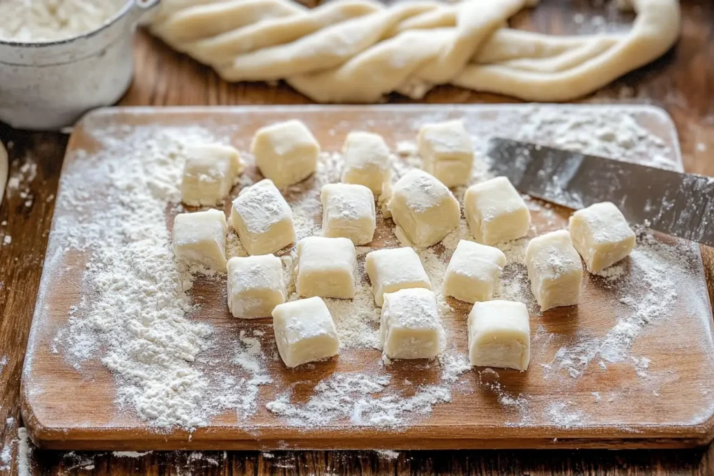A wooden board covered with small, evenly cut dough pieces dusted with flour, ready for baking, alongside a knife and rolled-out dough in the background.