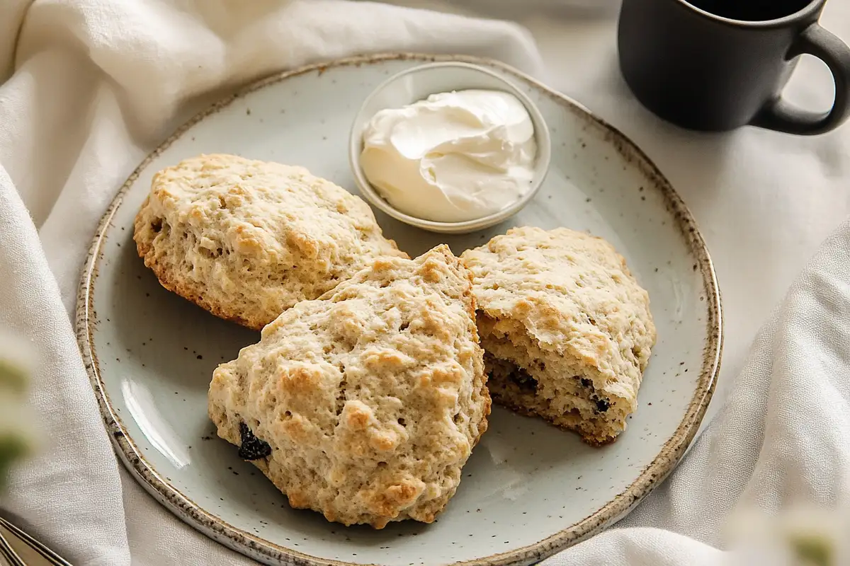 Golden Sourdough Scones Recipe on a rustic platter with clotted cream, and a cup of tea in soft natural light.