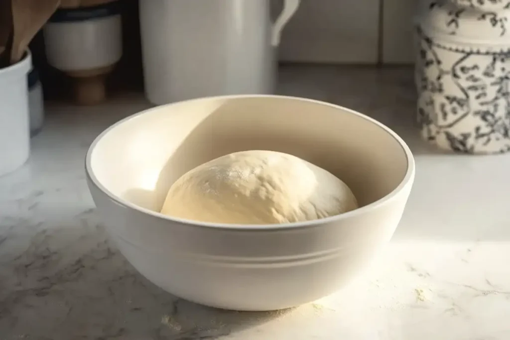A smooth sourdough dough ball in a white bowl, placed in a bright kitchen environment for proofing.