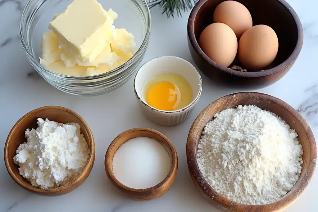 Bowls of flour, butter, eggs, sugar, and milk arranged neatly on a marble countertop, ready for making sourdough croissants.