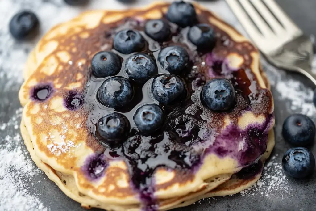 A close-up of Gluten-Free Sourdough Discard Pancakes  topped with fresh blueberries and drizzled with blueberry syrup, dusted with powdered sugar.