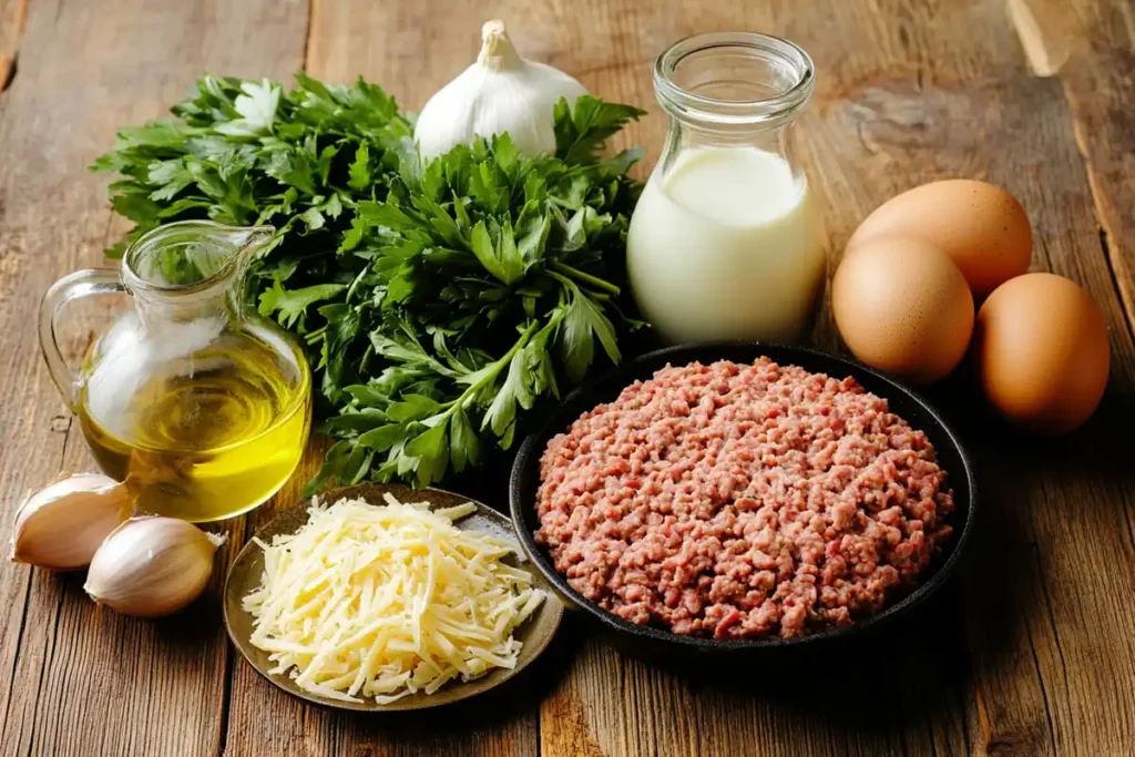 Fresh ingredients for preparing a delicious Italian Meatloaf Recipe, including ground meats, herbs, cheese, and other aromatics.