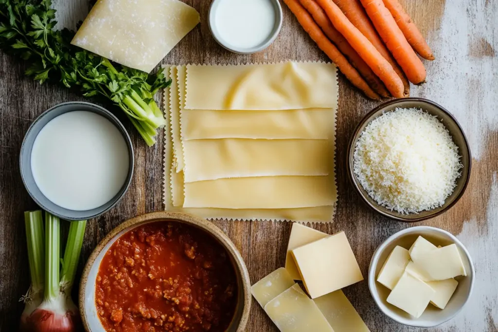 Fresh lasagna ingredients including pasta sheets, Parmesan cheese, carrots, celery, onions, milk, and tomatoes on a rustic wooden table