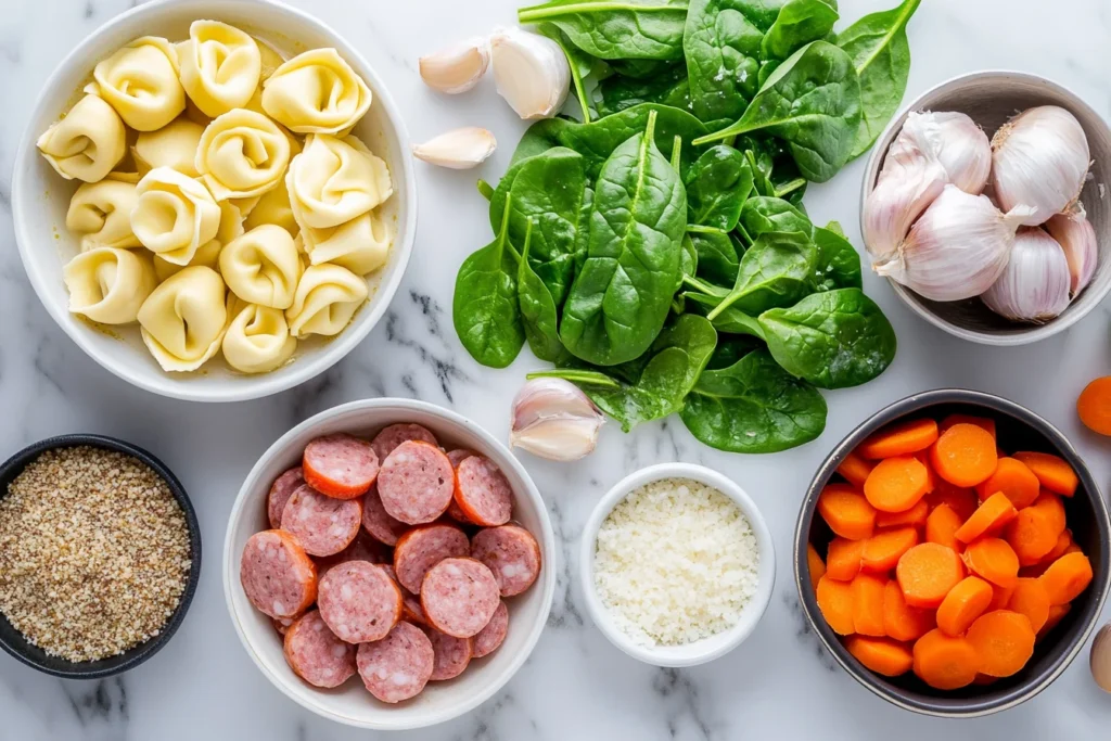 Tortellini Soup with Italian Sausage & Spinach: A neatly arranged set of ingredients for tortellini soup, including tortellini, spinach, sausage, garlic, carrots, and Parmesan cheese on a marble countertop.