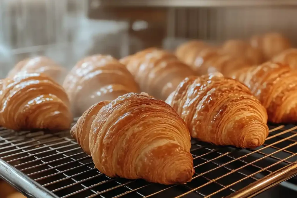 Golden, flaky sourdough croissants cooling on a wire rack, with steam rising gently from the pastries