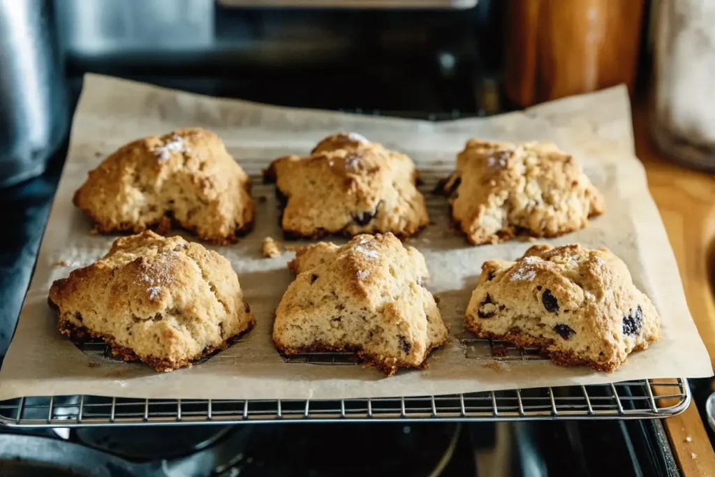 Golden sourdough scones cooling on a wire rack with herb garnish.