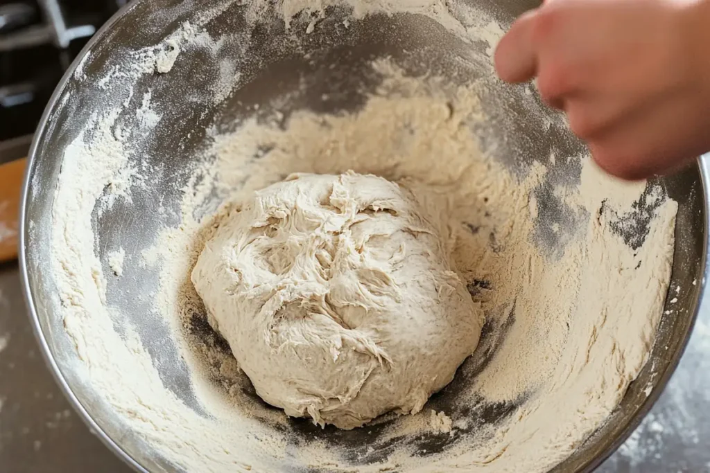 Sourdough Discard Pizza Dough:A sticky ball of dough sitting in a large flour-dusted mixing bowl with a hand visible, ready for the next step in the bread-making process.