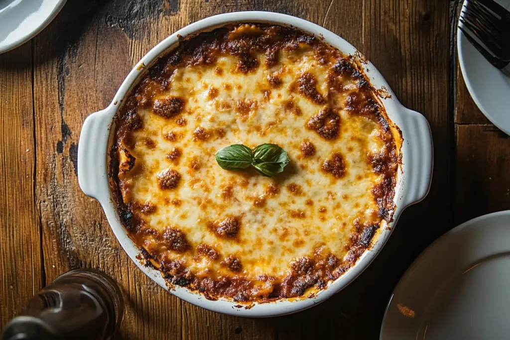 Perfectly baked lasagna Bolognese with a golden cheese crust, topped with fresh basil leaves, served in a white ceramic dish.