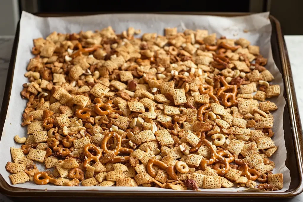 Chex Mix Recipe Oven: A parchment-lined baking sheet with a freshly baked batch of golden Chex Mix, showing pretzels, nuts, and crispy cereal pieces cooling
