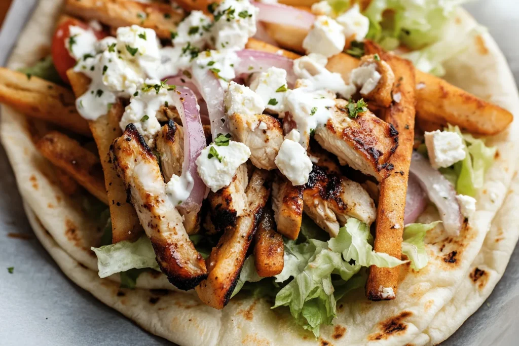 Close-up of a Greek chicken pita wrap stuffed with tender grilled chicken, feta cheese, red onions, and fresh herbs.