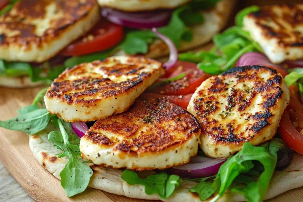  Close-up of grilled halloumi slices served on pita bread with fresh greens, tomatoes, and red onions.