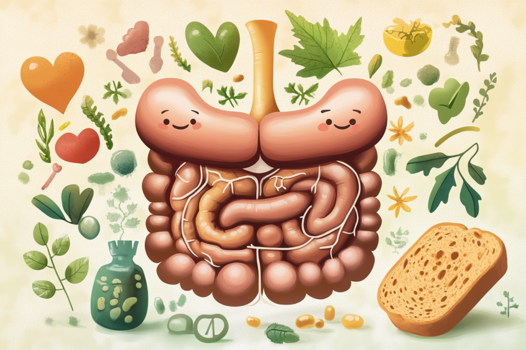 Weight Loss and Sourdough Bread: Illustration of gut health with icons of sourdough bread and probiotics.