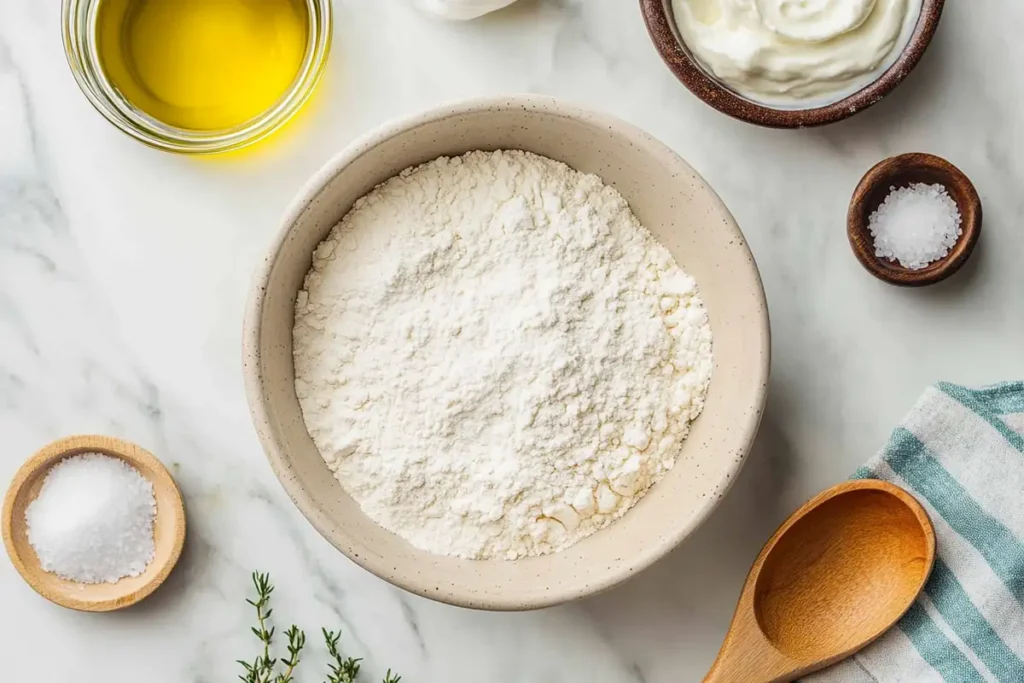 A bowl of flour surrounded by olive oil, yogurt, salt, and a wooden spoon on a marble countertop.