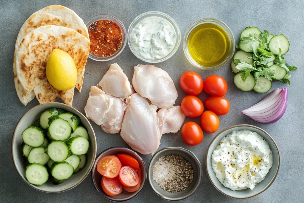 Flat lay photo of key Greek chicken ingredients, including raw chicken, cucumbers, tomatoes, pita bread, tzatziki sauce, and spices.