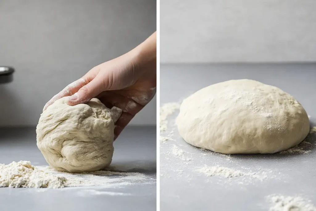 Split-panel image: on the left, a hand kneads a ball of dough on a floured surface; on the right, a smooth, round ball of dough resting on the countertop